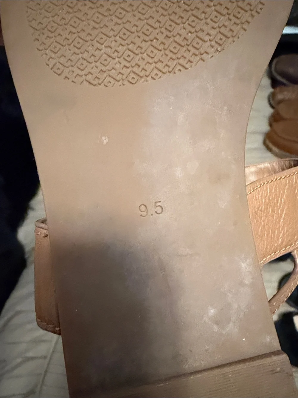 Tory Burch Tan Leather Logo T-Strap Sandals with Gold Emblem
